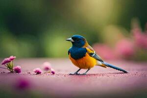 un' uccello è in piedi su il terra con fiori nel il sfondo. ai-generato foto