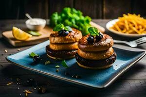 tre hamburger su un' blu piatto con patatine fritte. ai-generato foto