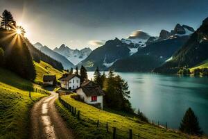 il strada per il Alpi. ai-generato foto