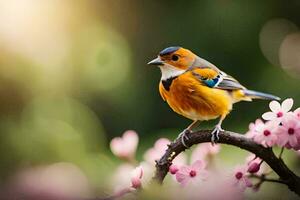 foto sfondo il cielo, uccello, molla, fiori, il sole, uccello, molla, fiori. ai-generato