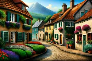 un' pittura di un' strada con fiori e case. ai-generato foto