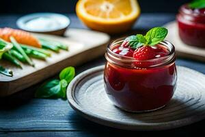 un' vaso di lampone marmellata con un' cucchiaio e un' ciotola di frutta. ai-generato foto