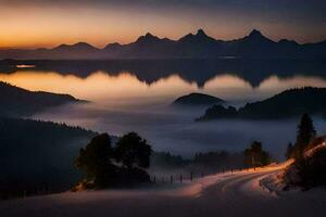 foto sfondo il cielo, montagne, lago, nebbia, strada, alberi, strada, il strada. ai-generato