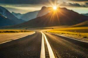 il sole è splendente al di sopra di un' strada nel il montagne. ai-generato foto