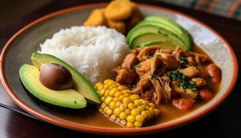 appena cucinato salutare pasto grigliato Maiale con avocado insalata generato di ai foto