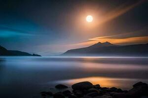 il Luna sorge al di sopra di il acqua e montagne. ai-generato foto