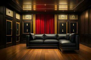un' camera con un' nero pelle divano e rosso tende. ai-generato foto
