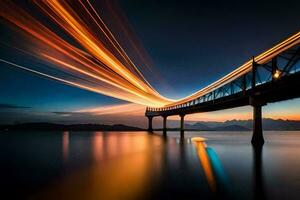 un' lungo esposizione fotografia di un' ponte a tramonto. ai-generato foto