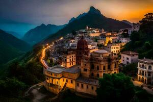 foto sfondo il cielo, montagne, il città, il tramonto, il città, il tramonto,. ai-generato