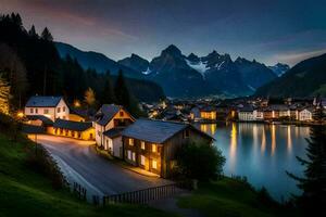 foto sfondo montagne, il notte, lago, Casa, il Alpi, Austria, il. ai-generato