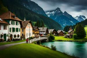 foto sfondo montagne, il cielo, acqua, il lago, il montagne, il villaggio, il. ai-generato