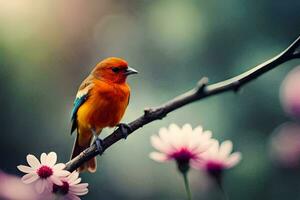 un' piccolo arancia uccello è arroccato su un' ramo. ai-generato foto