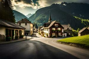 foto sfondo il cielo, montagne, strada, case, alberi, strada, villaggio, strada,. ai-generato