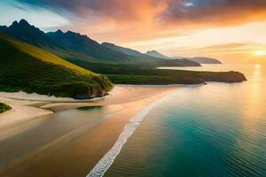 un' bellissimo spiaggia e montagne a tramonto. ai-generato foto