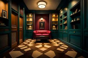 il camera ha un' rosso sedia e un' di legno pavimento. ai-generato foto