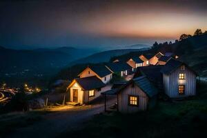 foto sfondo il cielo, montagne, case, il notte, il montagne, il villaggio, il. ai-generato