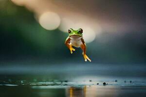 un' rana salto su di il acqua. ai-generato foto