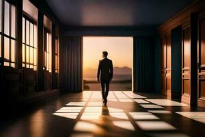 un' uomo a piedi attraverso un vuoto camera con il sole ambientazione dietro a lui. ai-generato foto