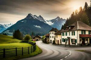 un' strada nel il montagne con un' Casa e montagne nel il sfondo. ai-generato foto