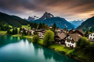 un' bellissimo montagna villaggio con un' lago e montagne. ai-generato foto