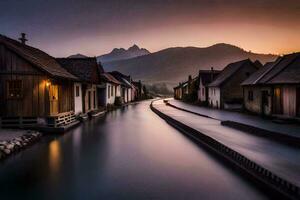 un' lungo esposizione foto di un' fiume nel un' cittadina. ai-generato