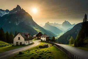 un' strada principale per un' montagna villaggio a tramonto. ai-generato foto