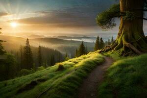 un' sentiero conduce per un' albero nel il foresta a tramonto. ai-generato foto