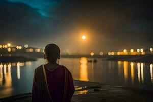 un' donna nel un' rosso sari sta su il riva a notte. ai-generato foto