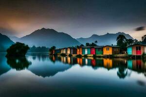 colorato case su il acqua nel davanti di montagne. ai-generato foto