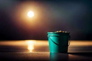 un' secchio di arachidi su un' tavolo nel davanti di un' luminosa luce. ai-generato foto