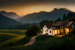 foto sfondo il cielo, montagne, Casa, paesaggio, il campagna, il montagne, il Casa. ai-generato