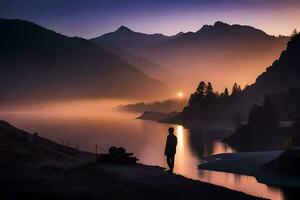 un' uomo sta su il riva di un' lago a tramonto. ai-generato foto