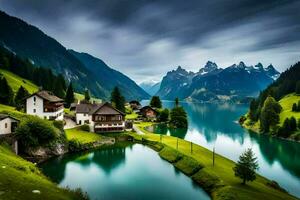 un' bellissimo lago e montagna scenario nel il Alpi. ai-generato foto