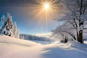 neve coperto alberi e il sole splendente al di sopra di loro. ai-generato foto