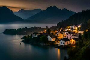 un' villaggio su il riva di un' lago a notte. ai-generato foto