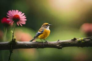 un' piccolo uccello si siede su un' ramo con rosa fiori. ai-generato foto