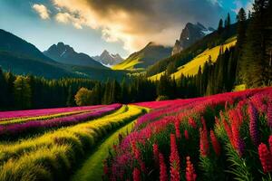 un' bellissimo campo di fiori e montagne. ai-generato foto