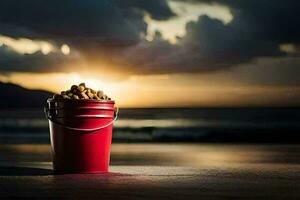 un' rosso secchio con arachidi su il spiaggia a tramonto. ai-generato foto