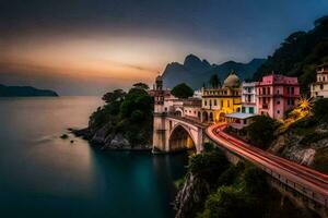 il tramonto al di sopra di il mare e un' ponte nel Italia. ai-generato foto