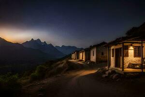 un' piccolo Casa nel il montagne a notte. ai-generato foto