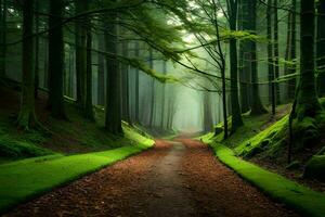 un' sentiero attraverso un' verde foresta con alberi e erba. ai-generato foto