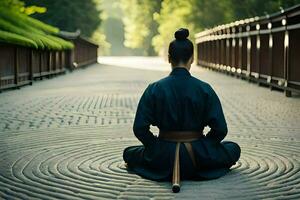 un' donna nel un' chimono seduta su un' circolare sentiero. ai-generato foto