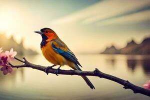 un' colorato uccello si siede su un' ramo vicino un' lago. ai-generato foto