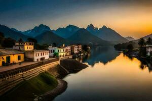 foto sfondo il cielo, montagne, lago, tramonto, il città, il fiume, il montagne. ai-generato