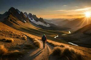 un' persona a piedi su un' pista nel il montagne. ai-generato foto