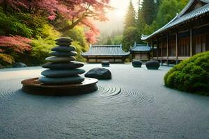 un' giapponese giardino con pietra rocce e un' pagoda. ai-generato foto