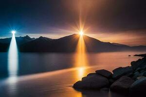 il sole è splendente al di sopra di un' lago e rocce. ai-generato foto