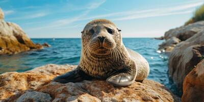 un' carino foca seduta su bellissimo roccia vicino oceano ai generativo foto