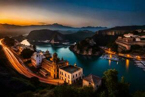 il tramonto al di sopra di un' cittadina e un' fiume. ai-generato foto