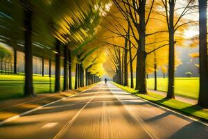 un' sfocato Immagine di un' strada con alberi. ai-generato foto